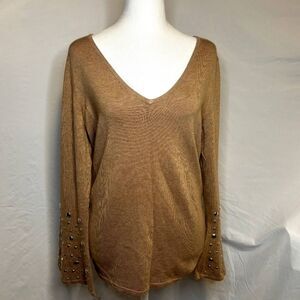 INC International Concepts Tan V-Neck Long Sleeve Blouse Flair Womens Designer